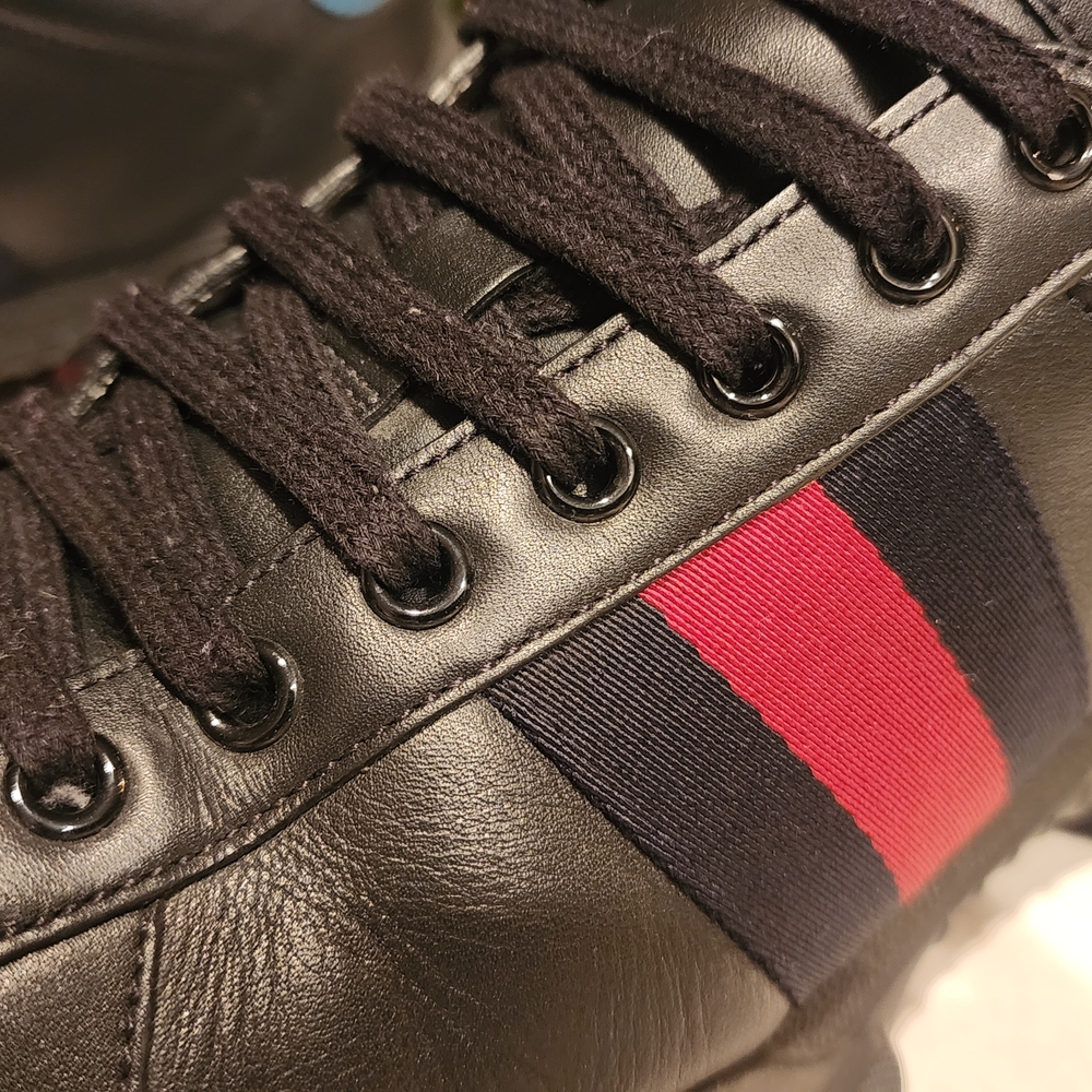 Gucci Black Leather Men's Shoes with Red and Blue Stripes - Picture 3 of 12